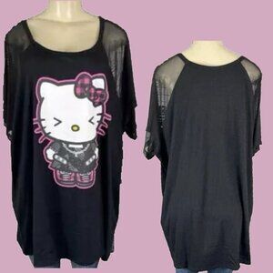 Hello Kitty +4 Black Crew Full-Body Kitty Graphic Mesh Sheer Short Sleeve Top